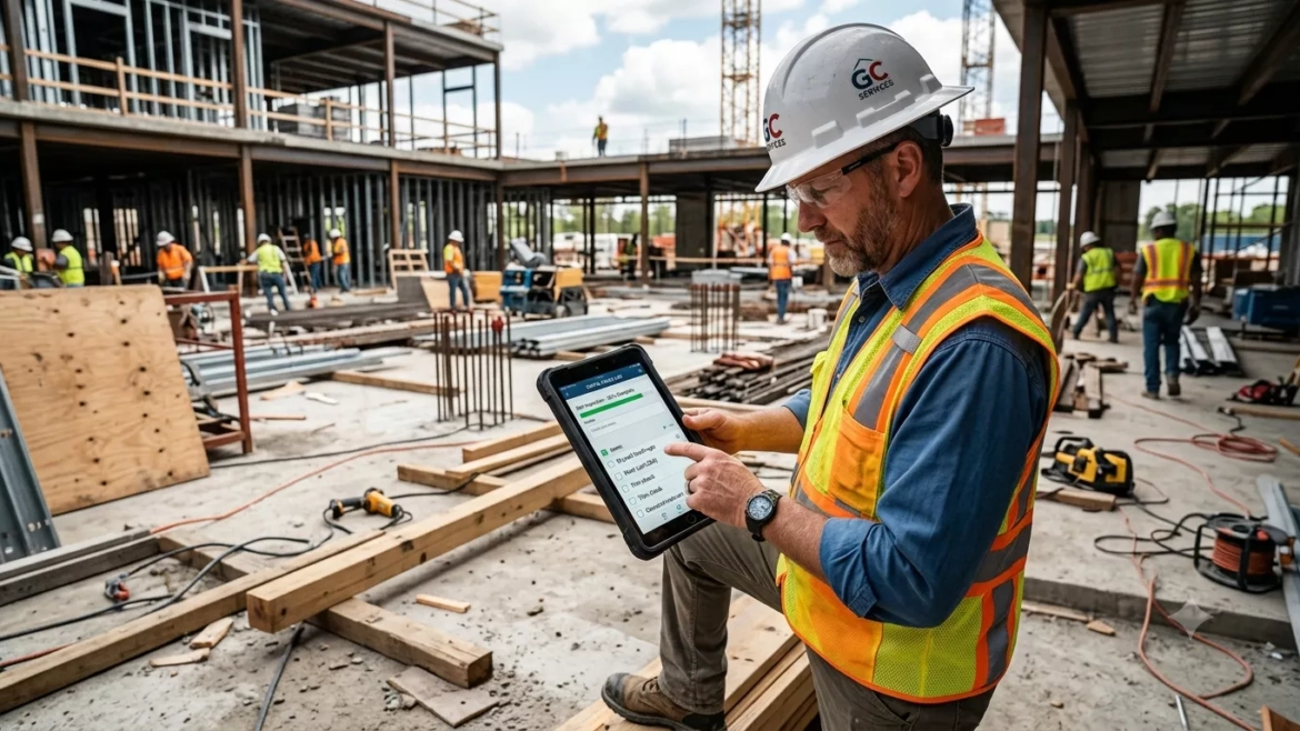 General contractor reviewing a digital punch list on a tablet at a job site