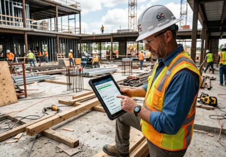 General contractor reviewing a digital punch list on a tablet at a job site