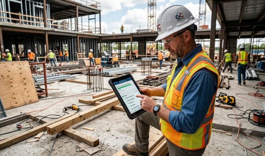 General contractor reviewing a digital punch list on a tablet at a job site